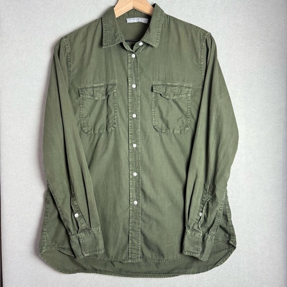 Vince Women’s Button Down Long Sleeve Top Army Green Pockets Women's Size M - Picture 1 of 13